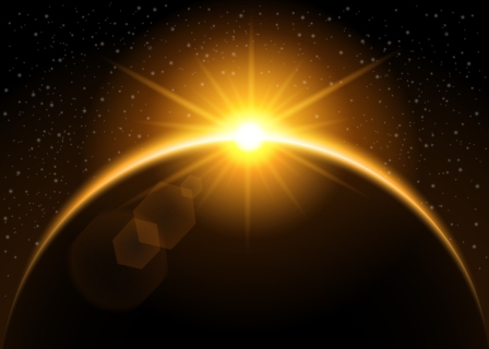 Rising sun behind the planet - vector illustration