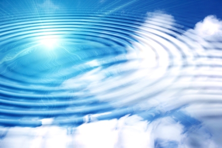 reflection white clouds and sun on the blue sky in water