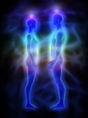Illustration of woman and man with aura, chakras and healing energy