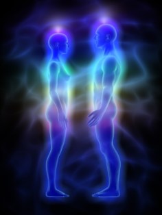 Illustration of woman and man with aura, chakras and healing energy