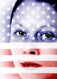 Pretty woman with american flag painted on face