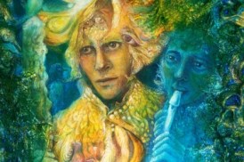 Golden sun god and blue water goddes, fantasy imagination colorful painting